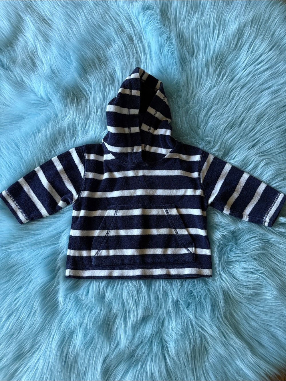 Mini Boden Navy & White Striped Terry Cloth Hooded Pullover size 18-24 mo